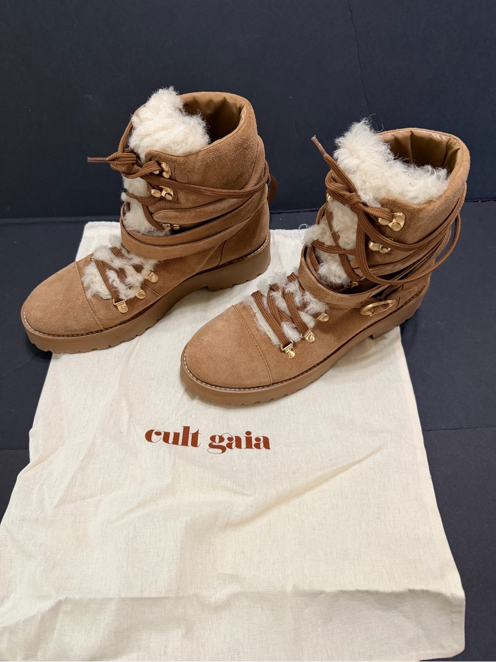 Cult Gaia Paola Faux Shearling Trim Tan Suede  Lace-Up Winter Boots